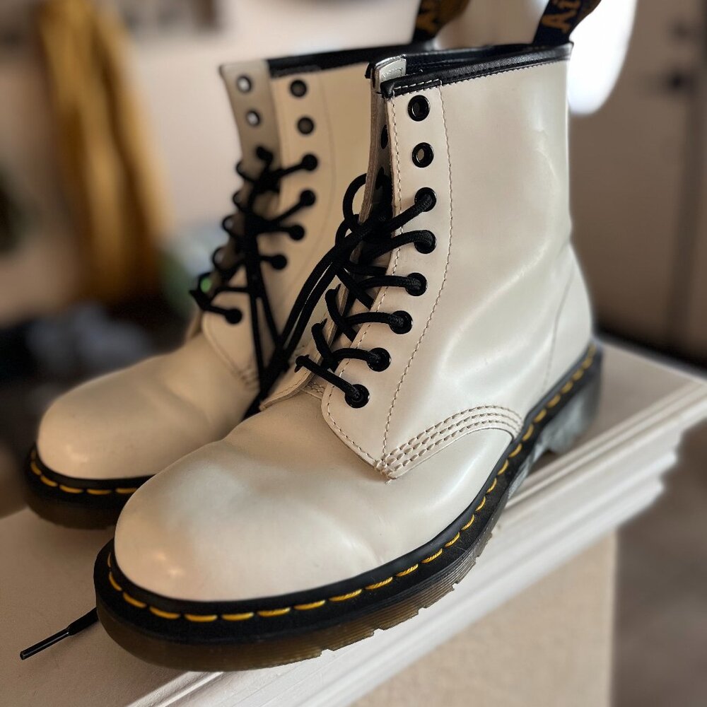 Dr. Martens Shiny Leather Lace Up Combat Boots White US Size 9